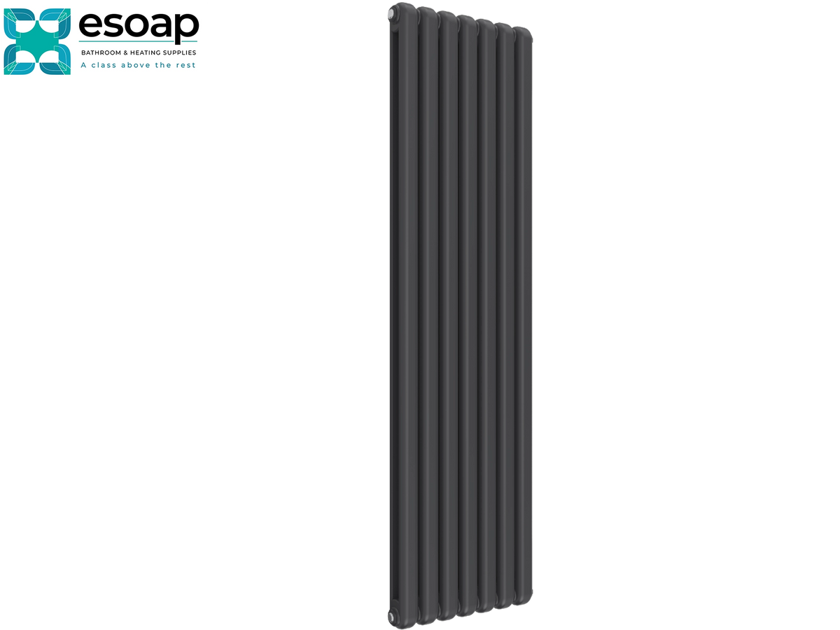 A tall, dark gray multi-panel column radiator shown on a plain white background, with the Esoap brand logo in the top-left corner Reina Coneva Vertical 1800x510 Anthracite Designer Radiator