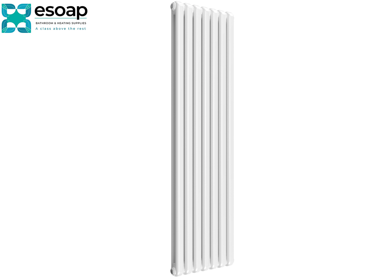 A tall, slim white panel radiator shown on a plain white background, with the Esoap logo in the top-left corner Reina Coneva Vertical 1800x510 White Designer Radiator