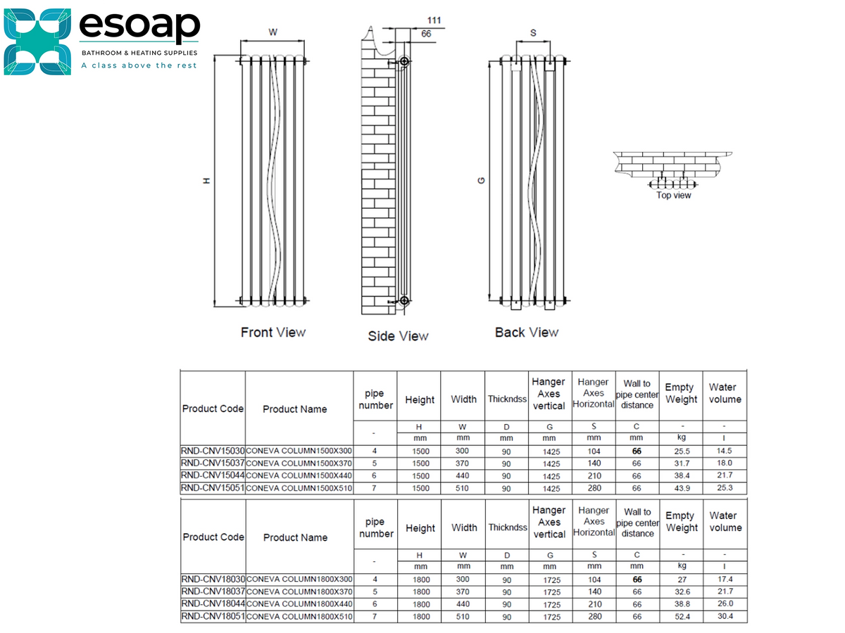 Technical specification sheet for an Esoap Column wall, showing front, side, and back views with dimensions, plus a product code table at the bottom Reina Coneva Vertical