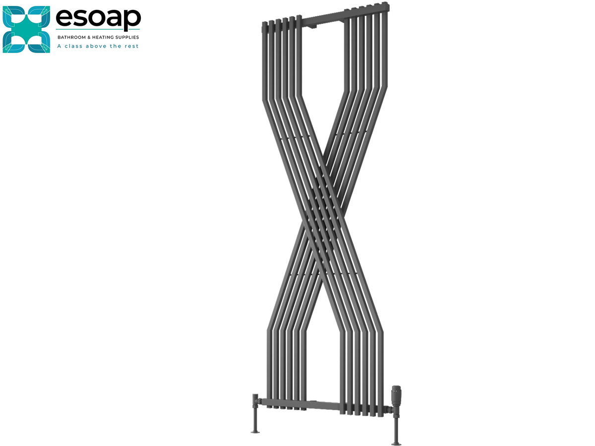 A dark gray expandable metal clothesline shown on a plain white background, with the Esoap brand logo in the top-left corner Reina Coredo 1760x620 Anthracite Designer Radiator