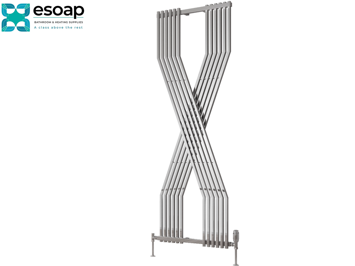 A silver metallic X-shaped retractable hand dryer shown on a plain white background, with the Esoap brand logo in the top-left corner Reina Coredo 1760x620 Chrome Designer Radiator