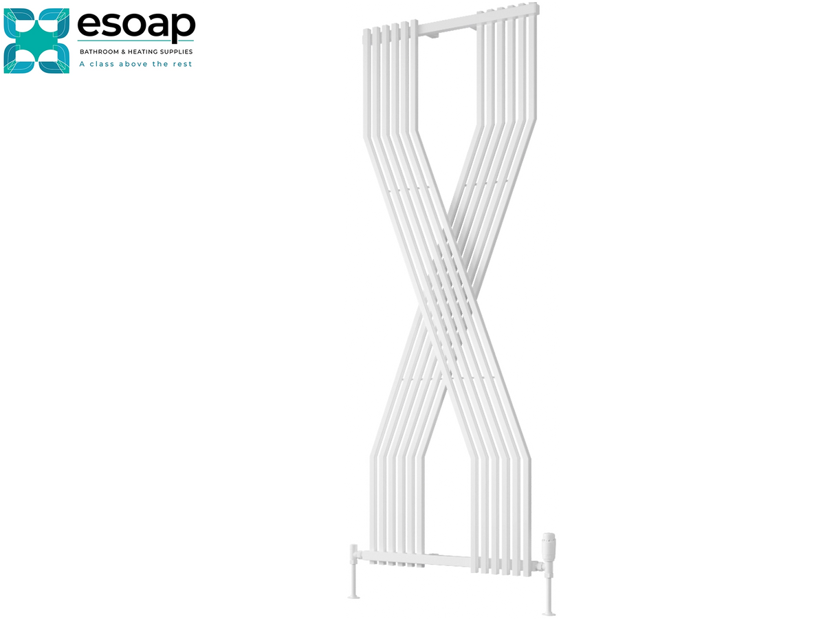 A white expandable radiator fan, folded into an X-shape, shown against a plain white background with the Esoap brand logo in the top-left corner Reina Coredo 1760x620 White Designer Radiator
