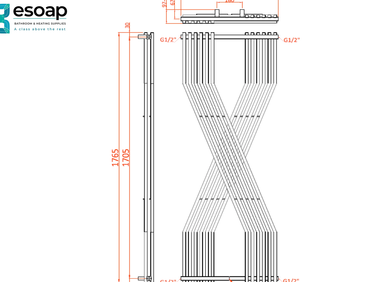 Technical dimension drawing of a shower hand shower assembly, showing front, side, and top-down views with measurements in millimeters and inches on a white background. The Resoap brand logo is visible in the top left corner Reina Coredo 1760x620 Designer Radiator
