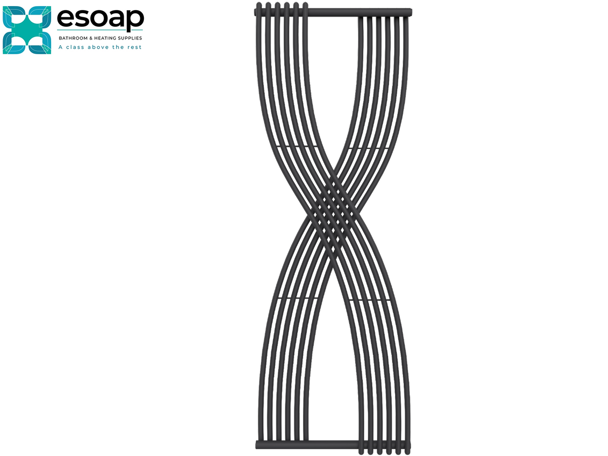 A dark gray metal decorative wall sculpture in the shape of an hourglass, featuring curved bars that converge at the center. The ESOAP brand logo is visible in the top-left corner on a plain white background Reina Dimaro 1760x620 Anthracite Designer Radiator