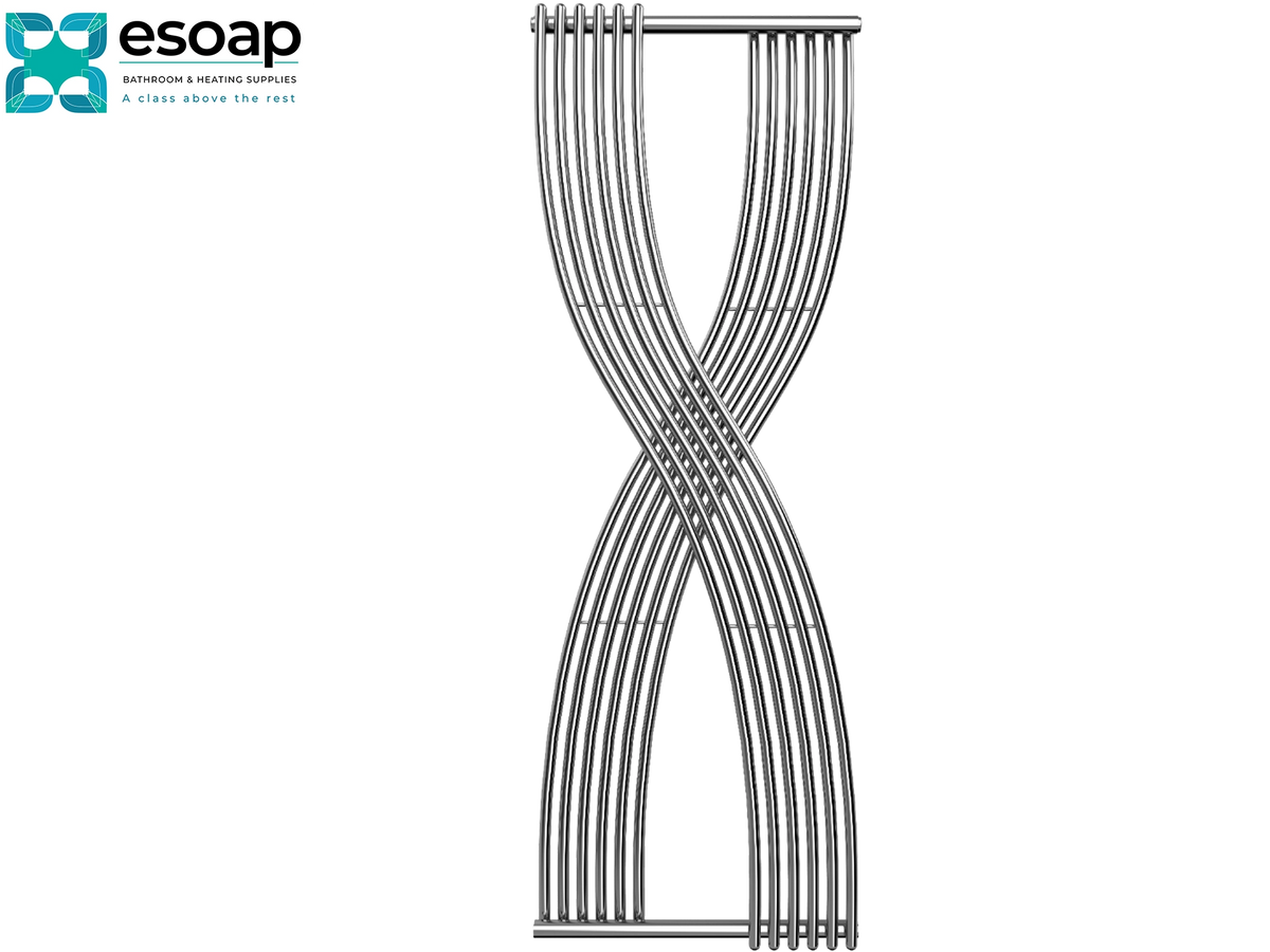 A tall, narrow metal wall-mounted decorative sculpture or frame made of multiple curved silver rods arranged in an hourglass shape, shown on a plain white background with the Esoap logo in the top-left corner Reina Dimaro 1760x620 Chrome Designer Radiator