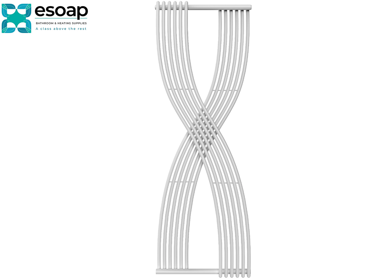 A white metal spiral radiator fin with multiple curved bars, shown on a plain white background with the Esoap brand logo in the top-left corner Reina Dimaro 1760x620 White Designer Radiator