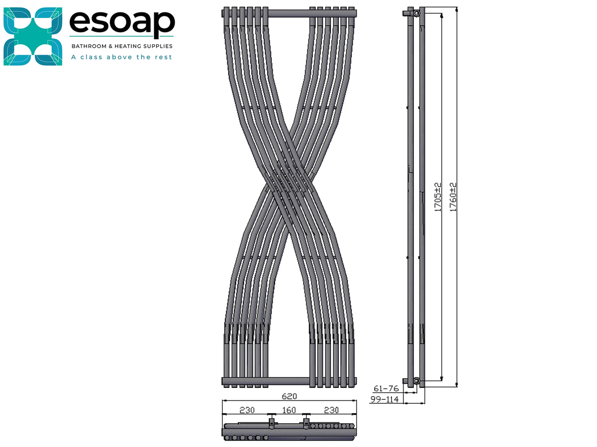 Technical dimension drawing of a gray multi-channel radiator with an X-shaped crossover design, showing front, side, and bottom views with measurements on a white background with the esoap logo in the top left Reina Dimaro 1760x620 Designer Radiator