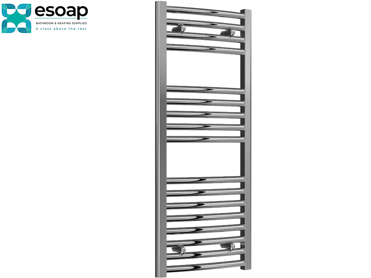 A tall, narrow chrome heated towel rail with horizontal bars, shown on a plain white background. The Esoap brand logo is visible in the top-left corner Reina Diva Curved Electric 1000x400 Chrome Towel Rail