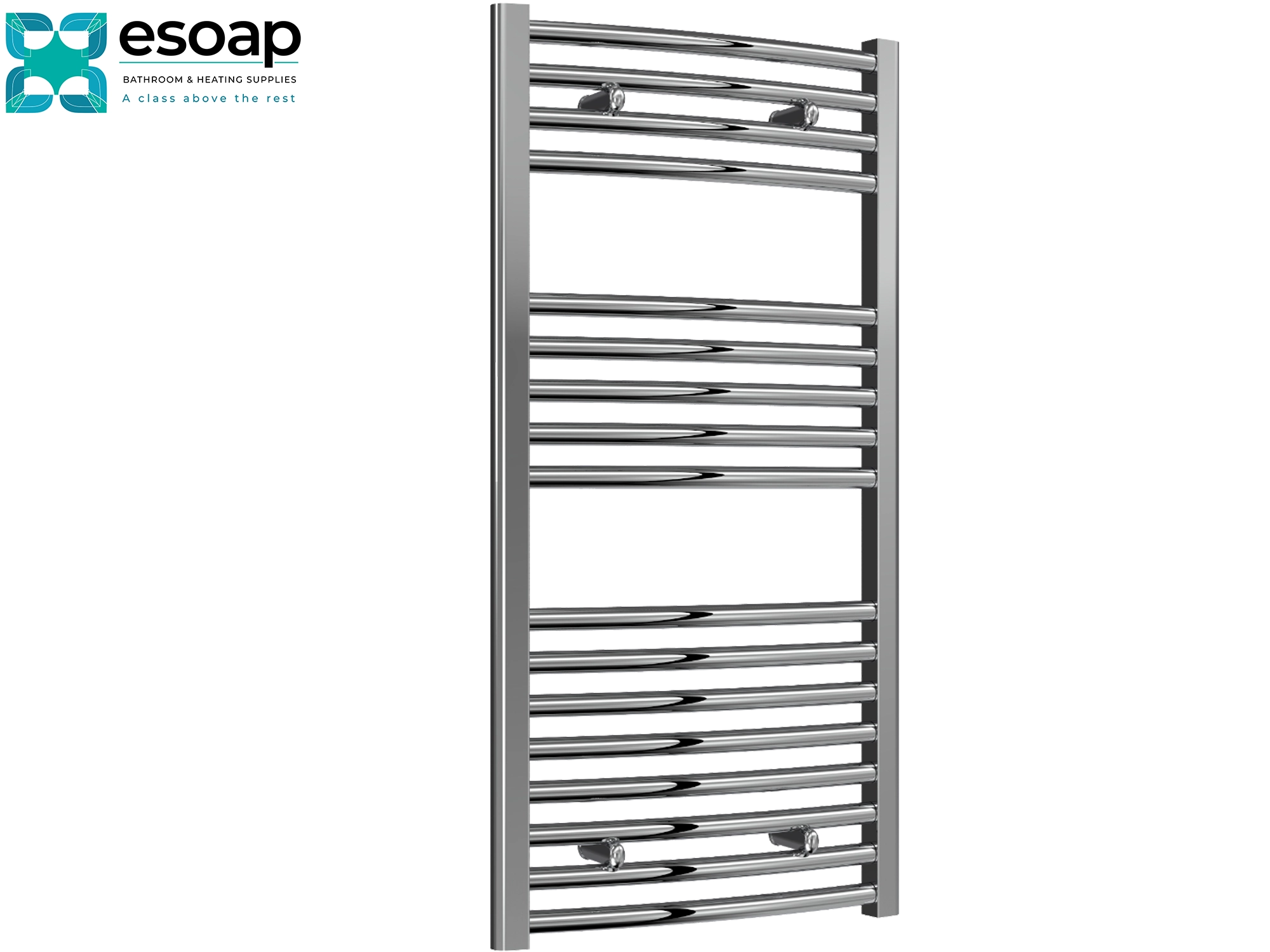 Chrome towel radiator 1000 x 500 on a white background with Esoap branding.