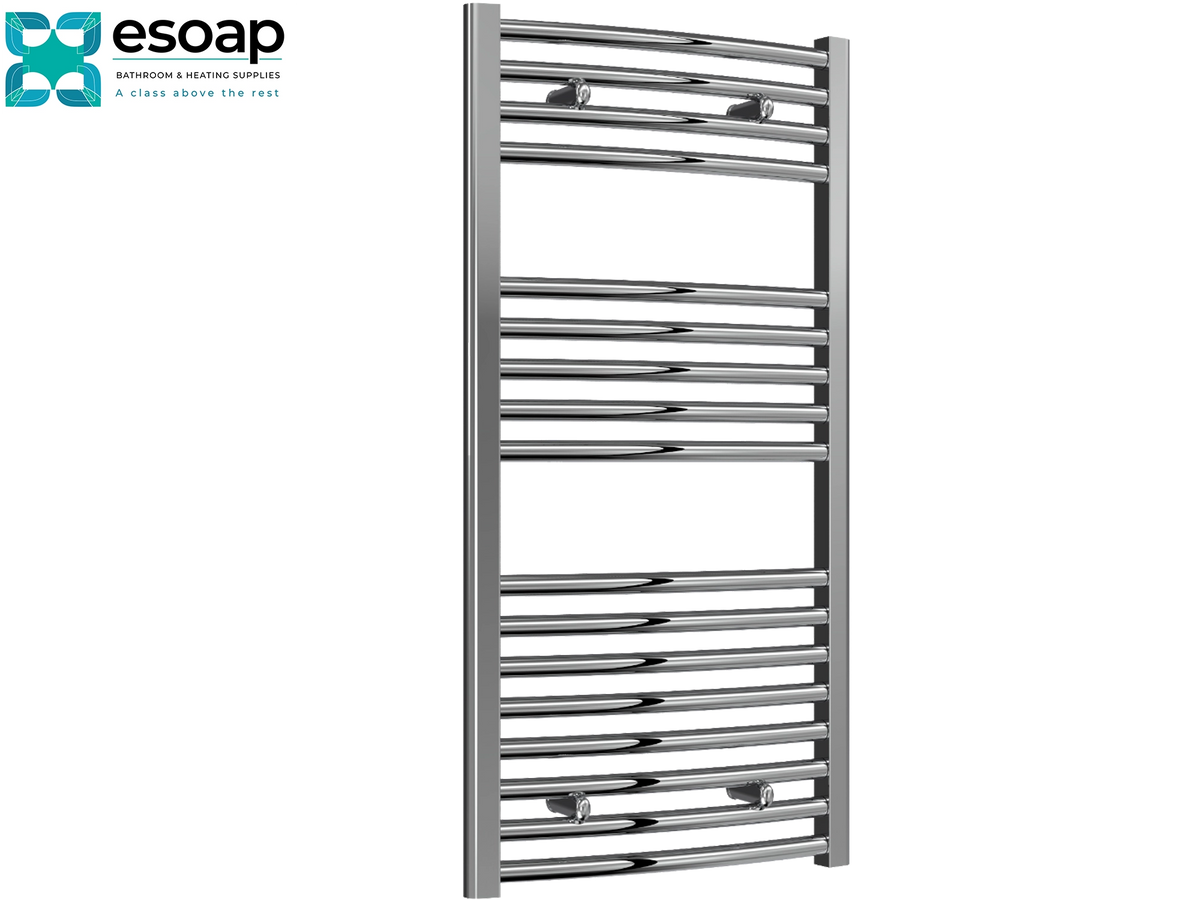 A polished chrome heated towel rail with horizontal bars and wall-mounted brackets, shown on a plain white background with the Esoap logo in the top-left corner Reina Diva Curved Electric 1000x500 Chrome Towel Rail