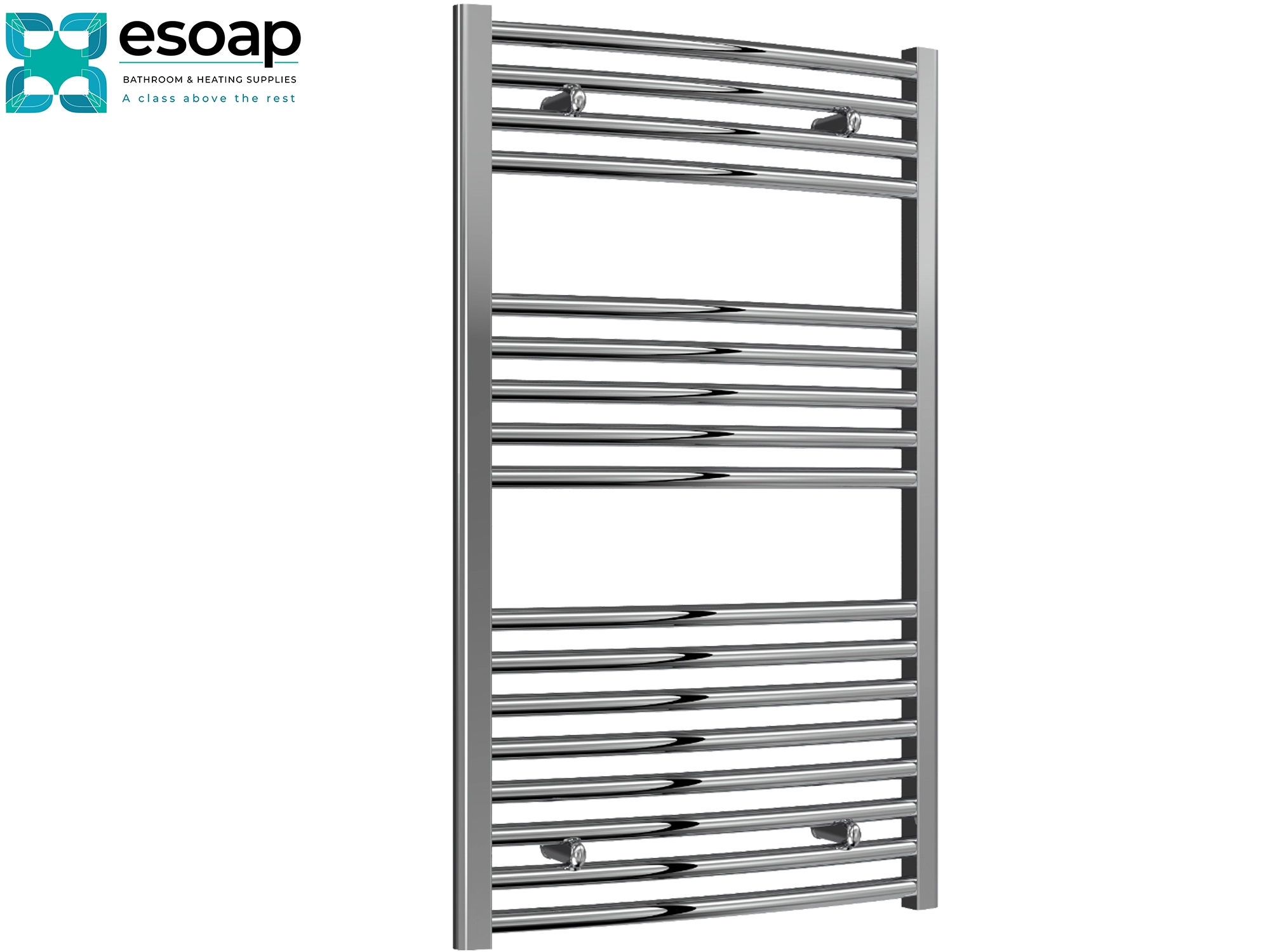 Chrome towel radiator 1000 x 600 on a white background with Esoap branding.