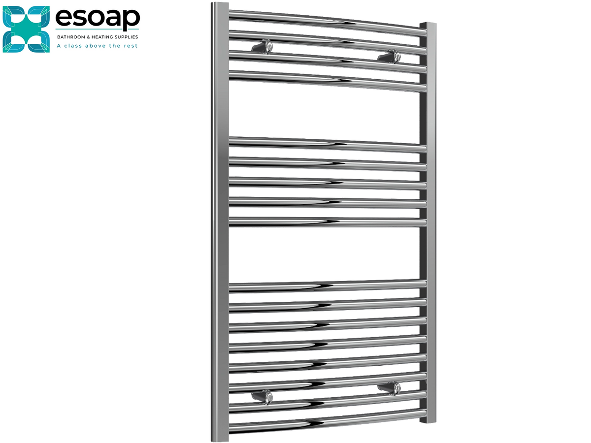 A tall, modern heated towel rail in polished chrome, shown against a plain white background with the Esoap brand logo in the top-left corner Reina Diva Curved Electric 1000x600 Chrome Towel Rail