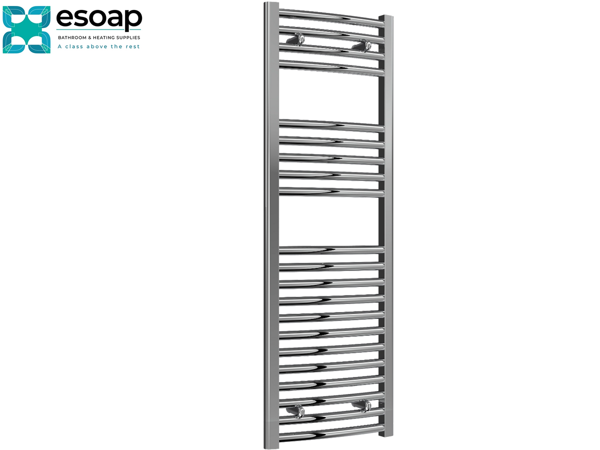 A tall, narrow chrome heated towel rail with horizontal bars, shown on a plain white background. The Esoap brand logo is visible in the top-left corner Reina Diva Curved Electric 1200x400 Chrome Towel Rail