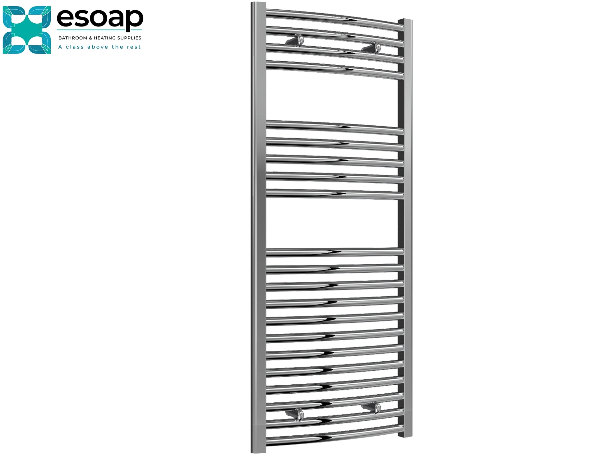 Reina Diva Curved 1200 x 500 Chrome Towel Rail on a white background with Esoap branding.