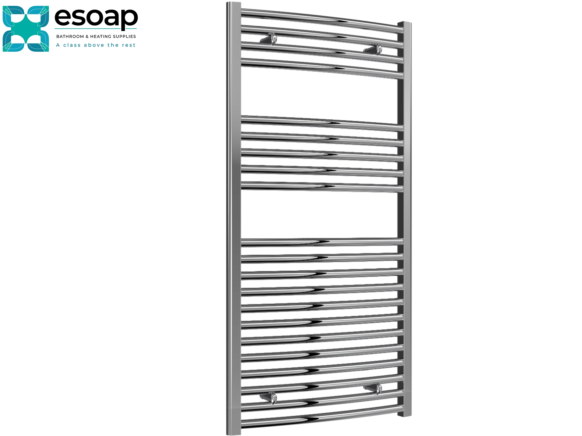Chrome towel radiator 1200 x 500 on a white background with Esoap branding.