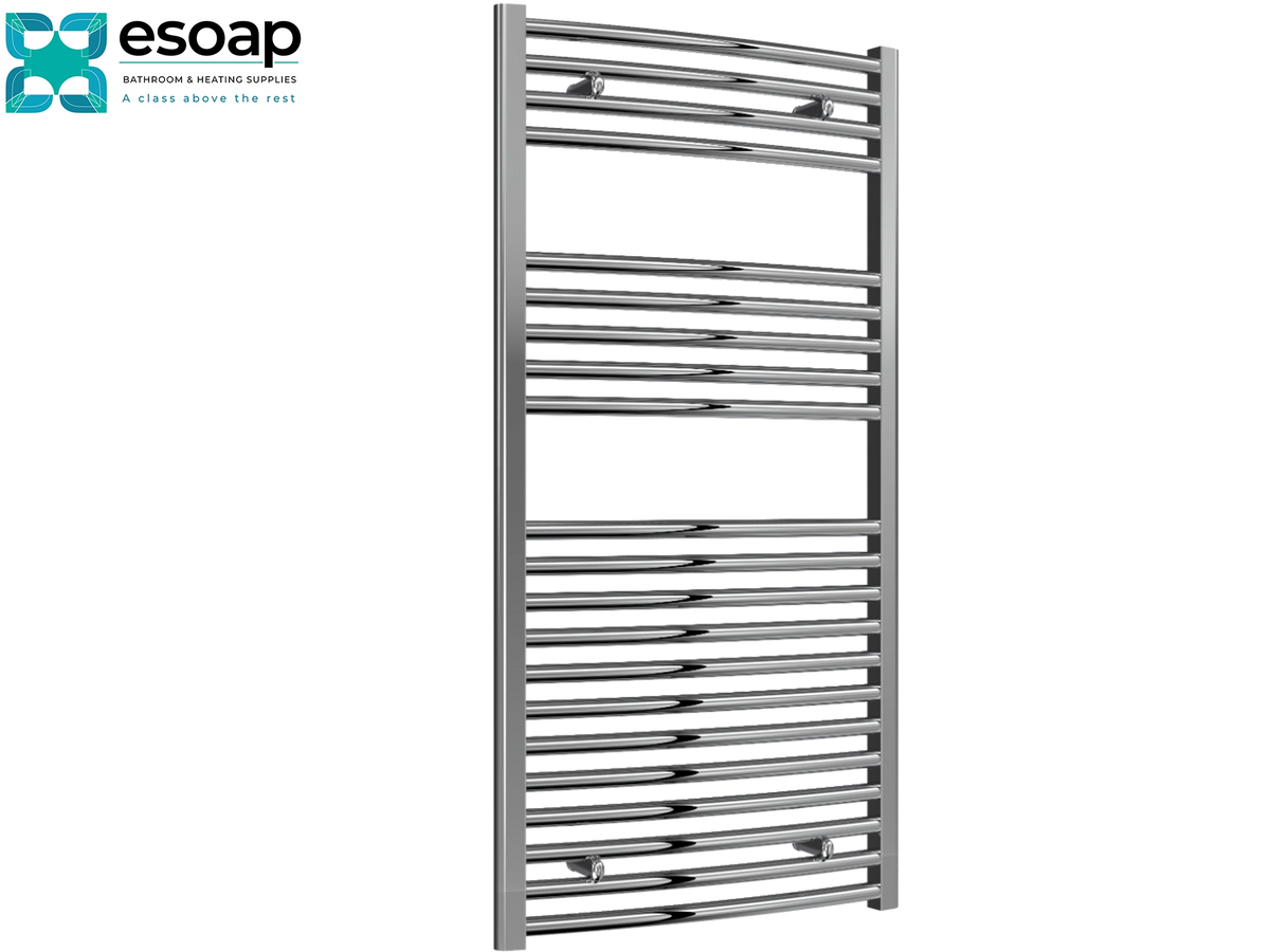 A tall, modern heated towel rail in polished chrome, shown against a plain white background with the Esoap logo in the top-left corner Reina Diva Curved Electric 1200x600 Chrome Towel Rail