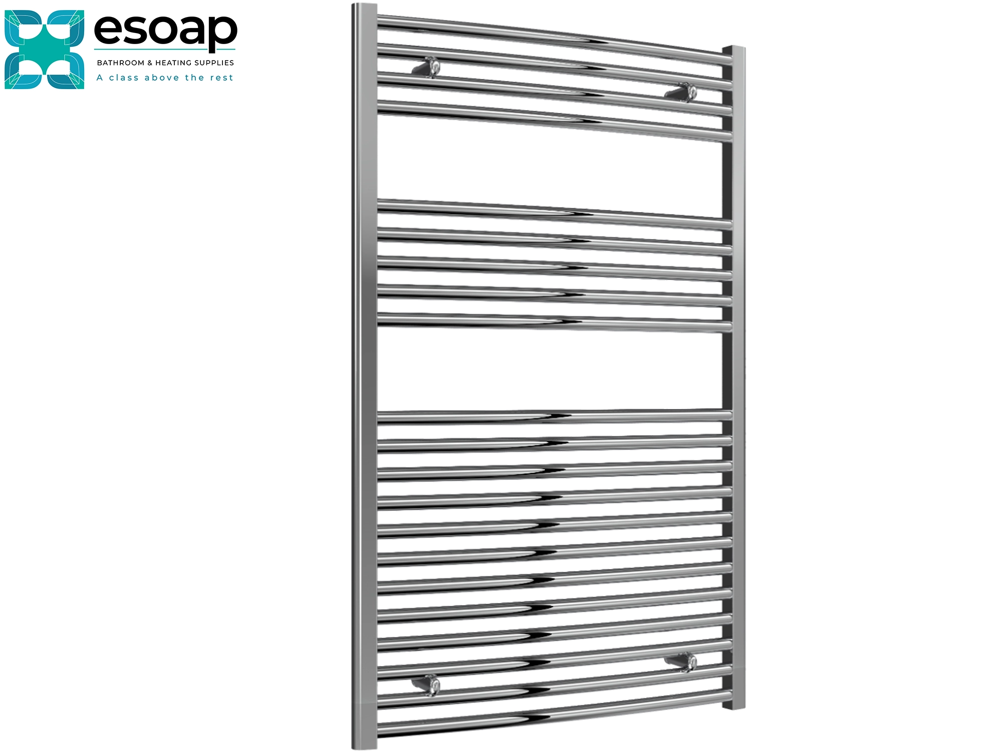 Chrome towel radiator 1200 x 750 on white background featuring esoap branding