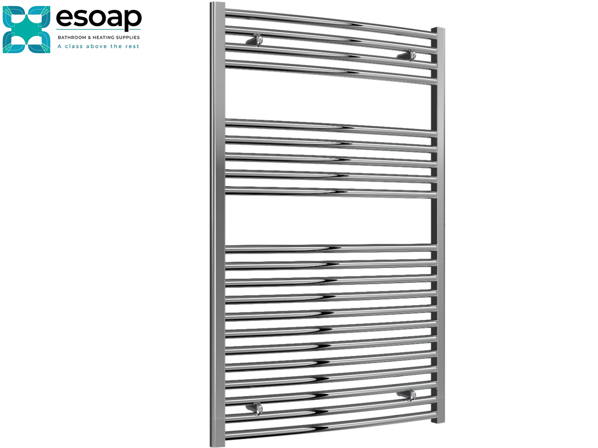 A tall, rectangular chrome towel radiator with horizontal bars, shown on a plain white background with the Esoap brand logo in the top-left corner Reina Diva Curved Electric 1200x750 Chrome Towel Rail
