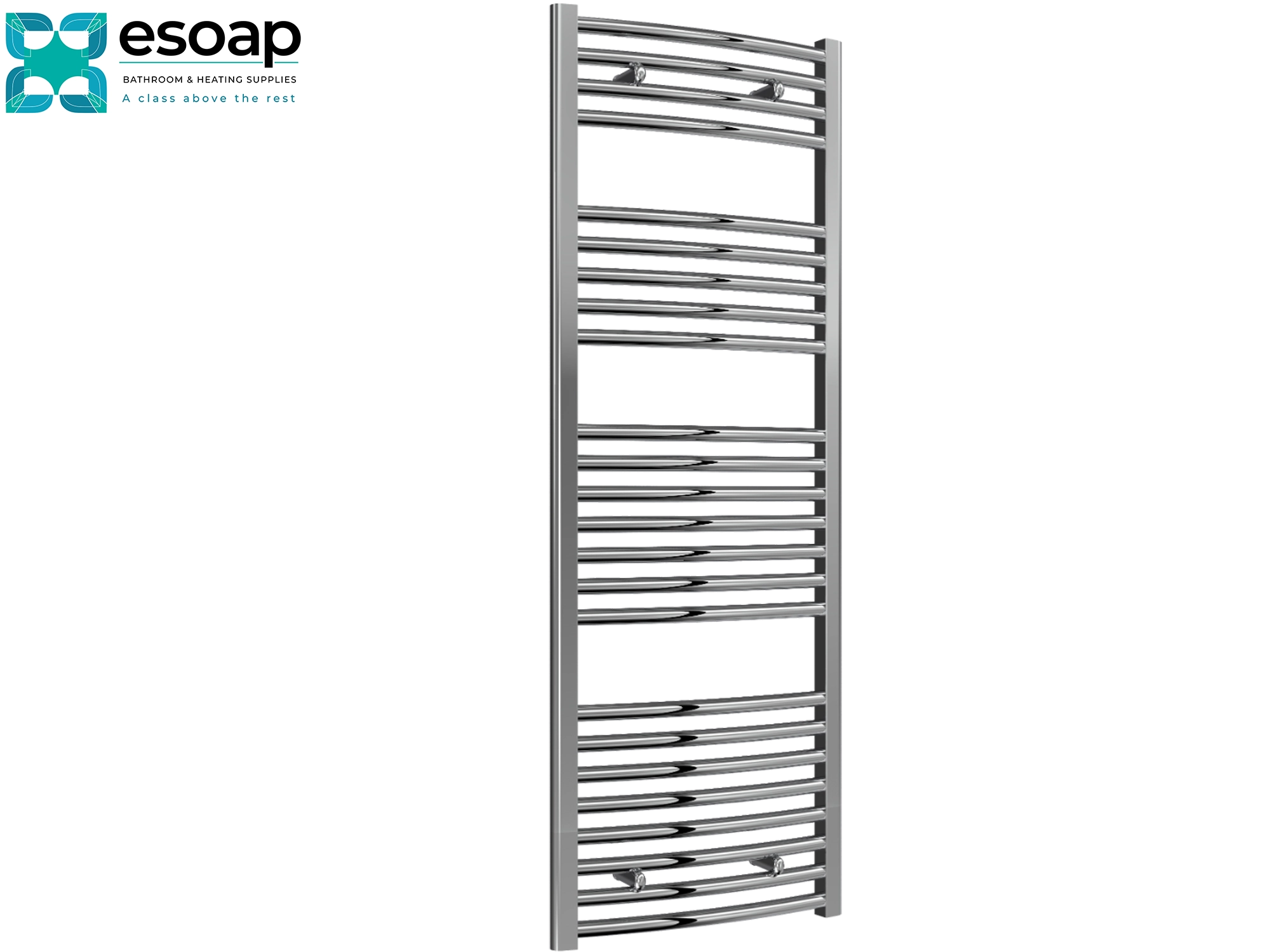 Chrome towel radiator 1400 x 500 on white background featuring esoap