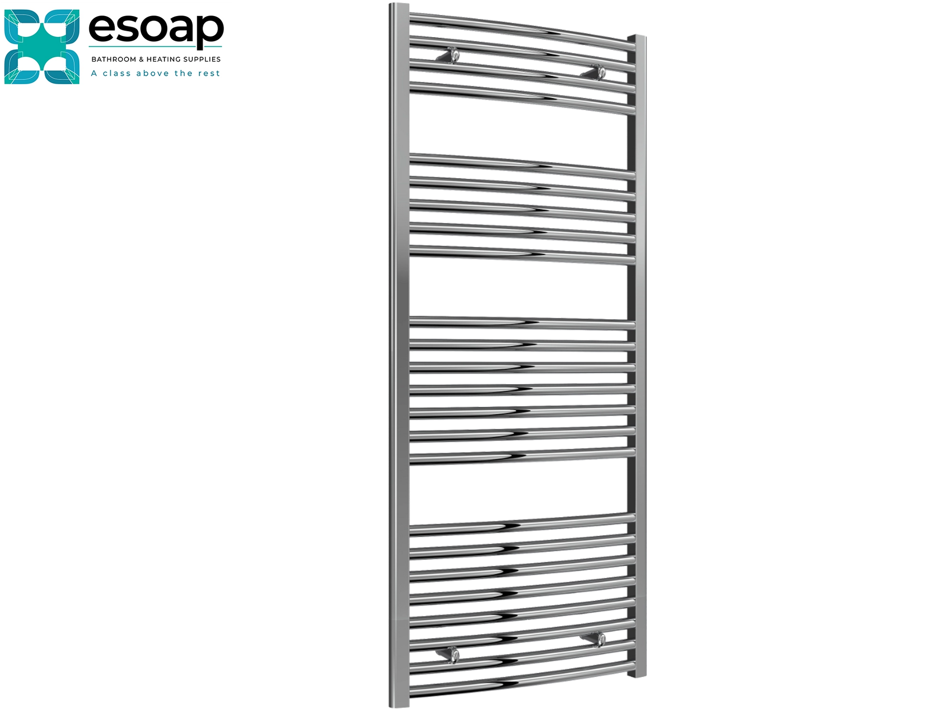 Chrome towel radiator 1400 x 600 on a white background with Esoap branding.