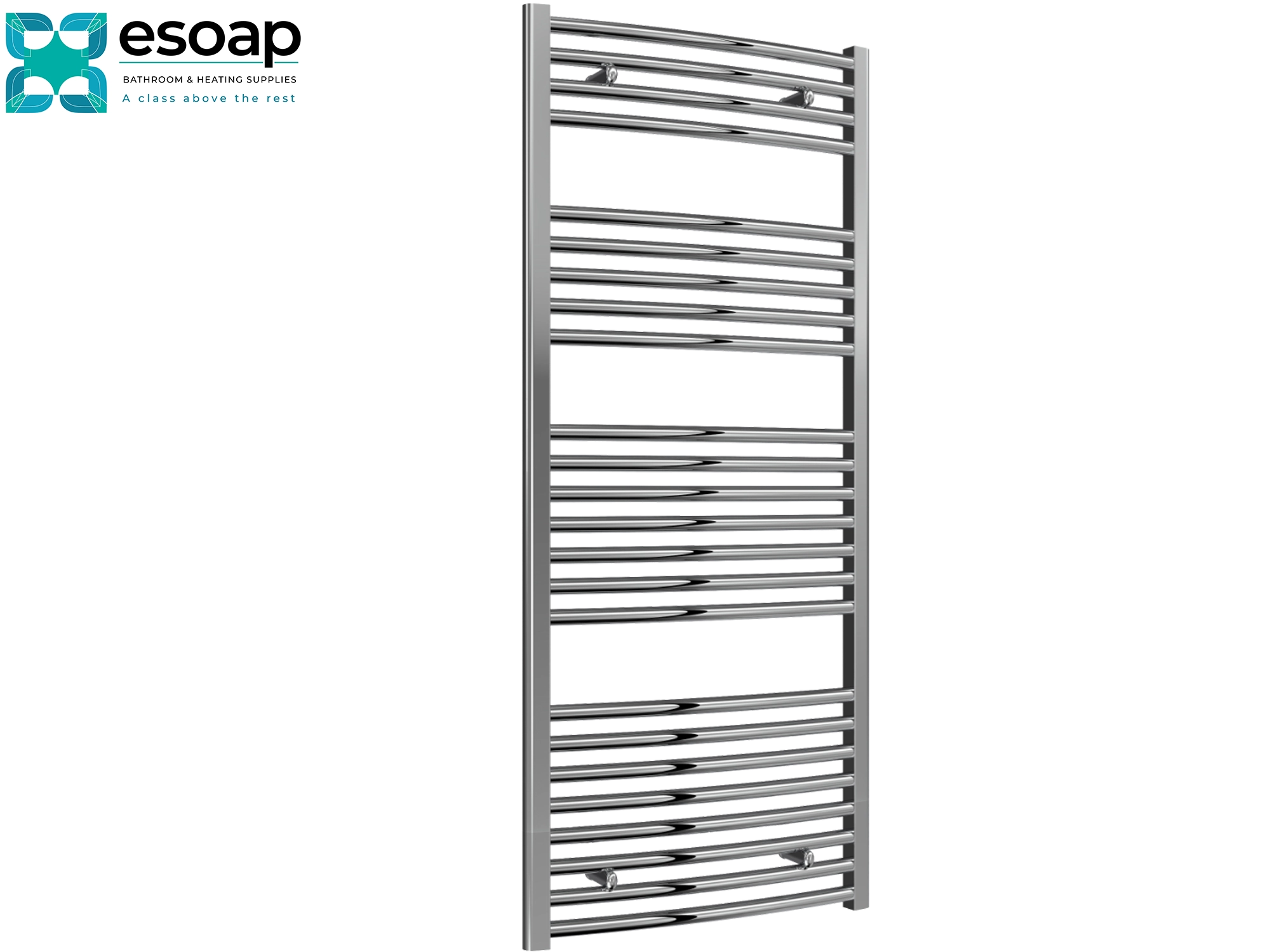 Chrome towel radiator 1400 x 600 on a white background with Esoap branding.