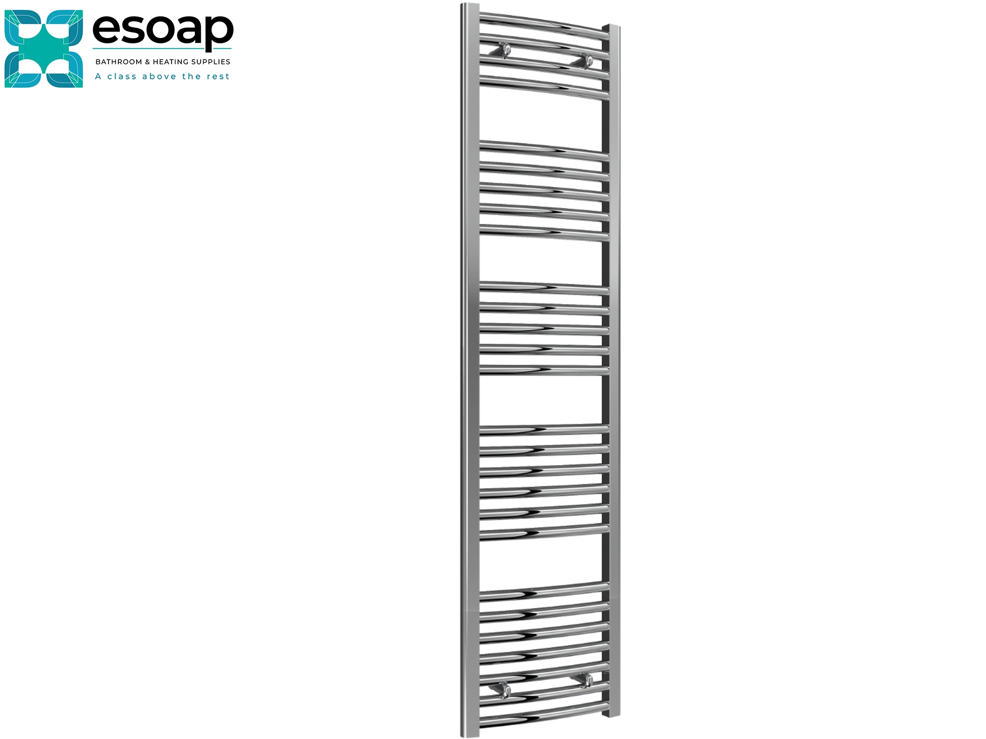 Chrome towel radiator 1600 x 400 on a white background with 'es Soap' branding.