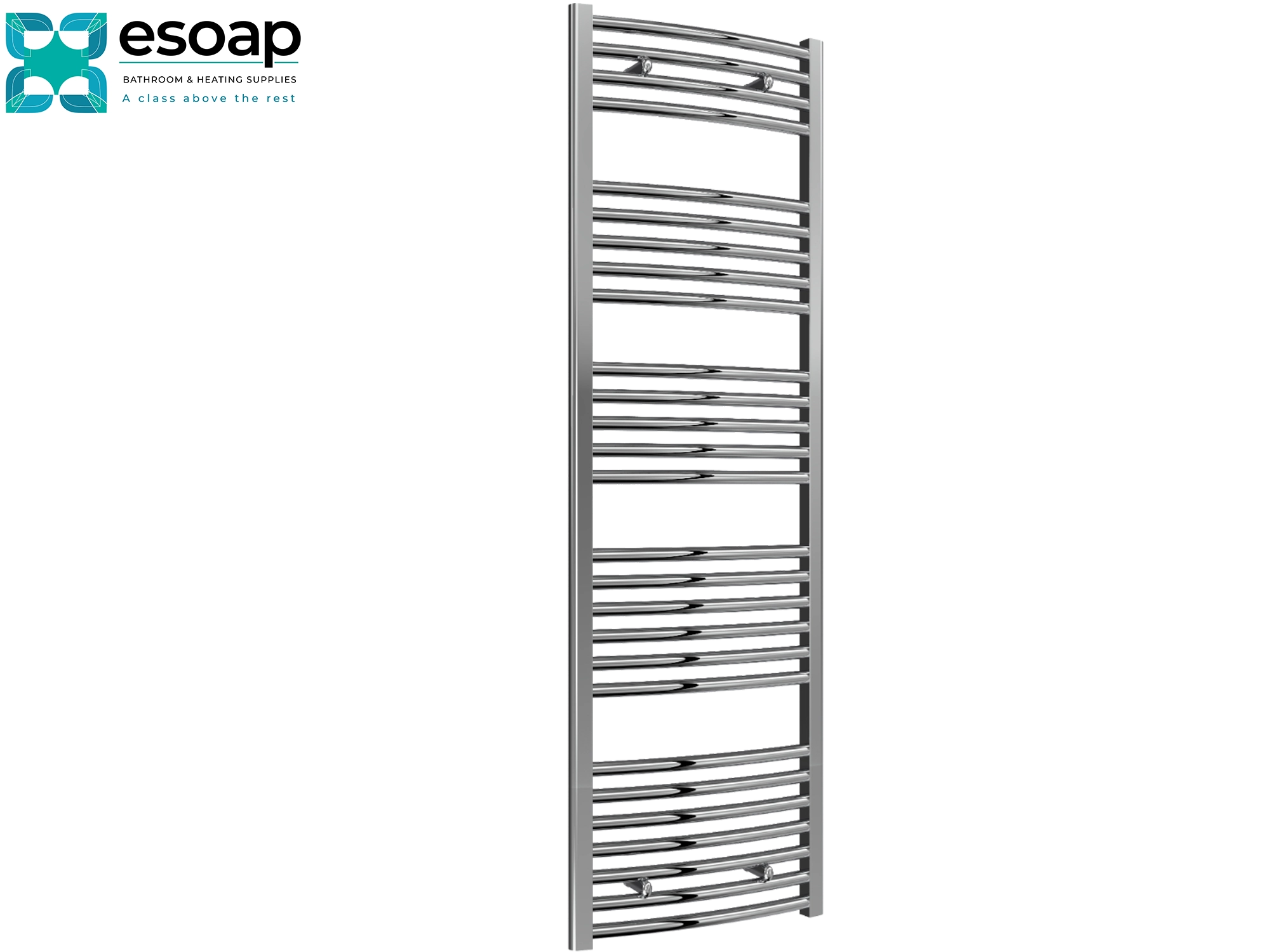 Chrome towel radiator 1600 x 500 on a white background with Esoap branding.