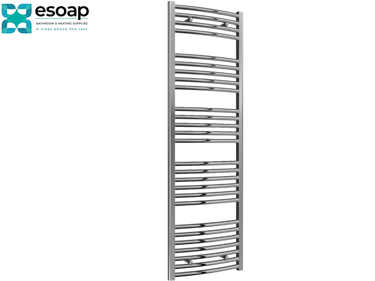 A tall, modern heated towel rail in polished chrome, shown vertically against a plain white background with the Esoap brand logo in the top-left corner Reina Diva ElectricCurved 1600 x 500 Chrome Towel rail