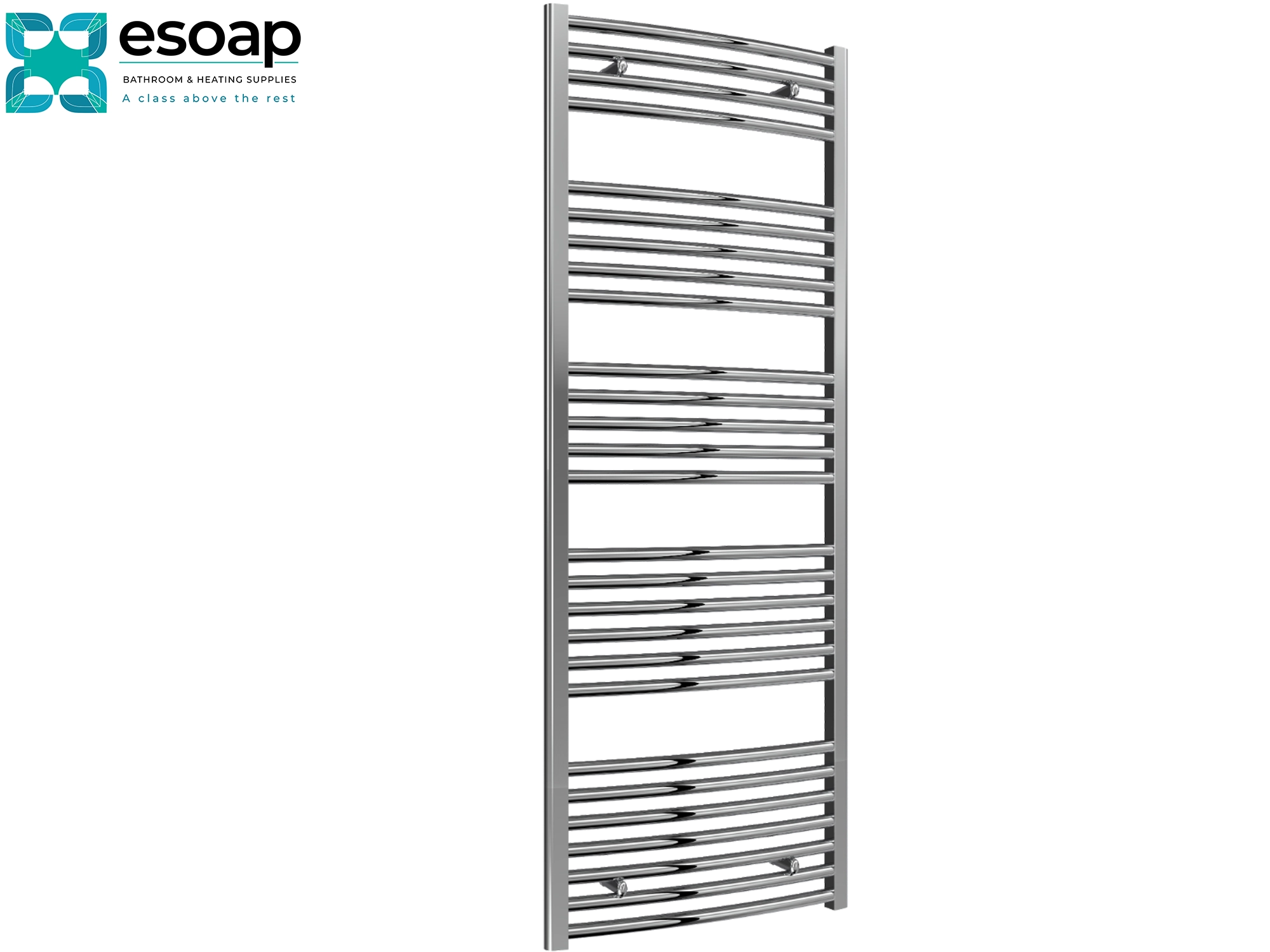 Chrome towel radiator 1600 x 600 on a white background with Esoap branding.