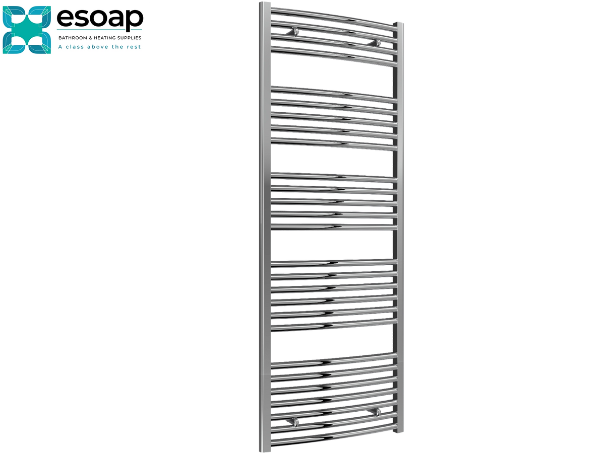 A tall, modern chrome heated towel rail with curved horizontal bars, shown on a plain white background with the Esoap brand logo in the top-left corner Reina Diva Curved 1600x600 Chrome Electric