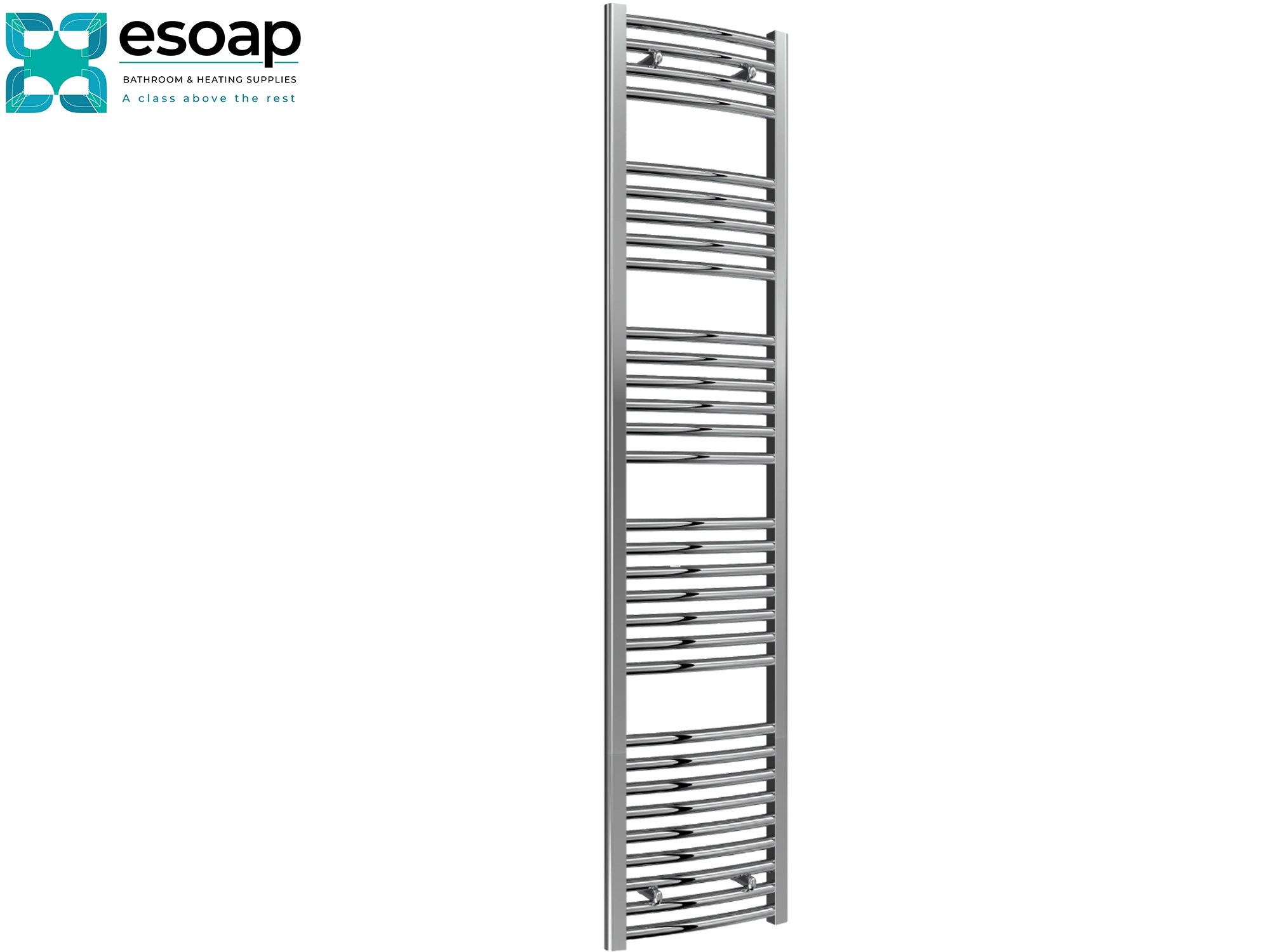 Chrome towel radiator 1800x400 on a white background with 'es Soap' branding.