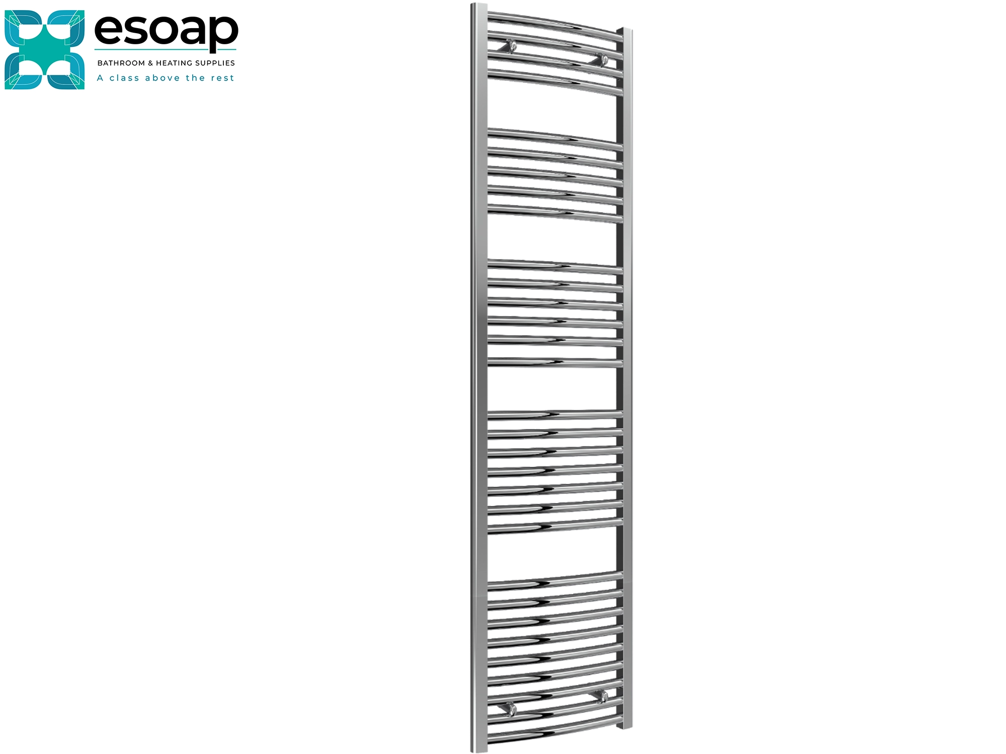 Chrome towel radiator 1800x450 on a white background with Esoap branding.