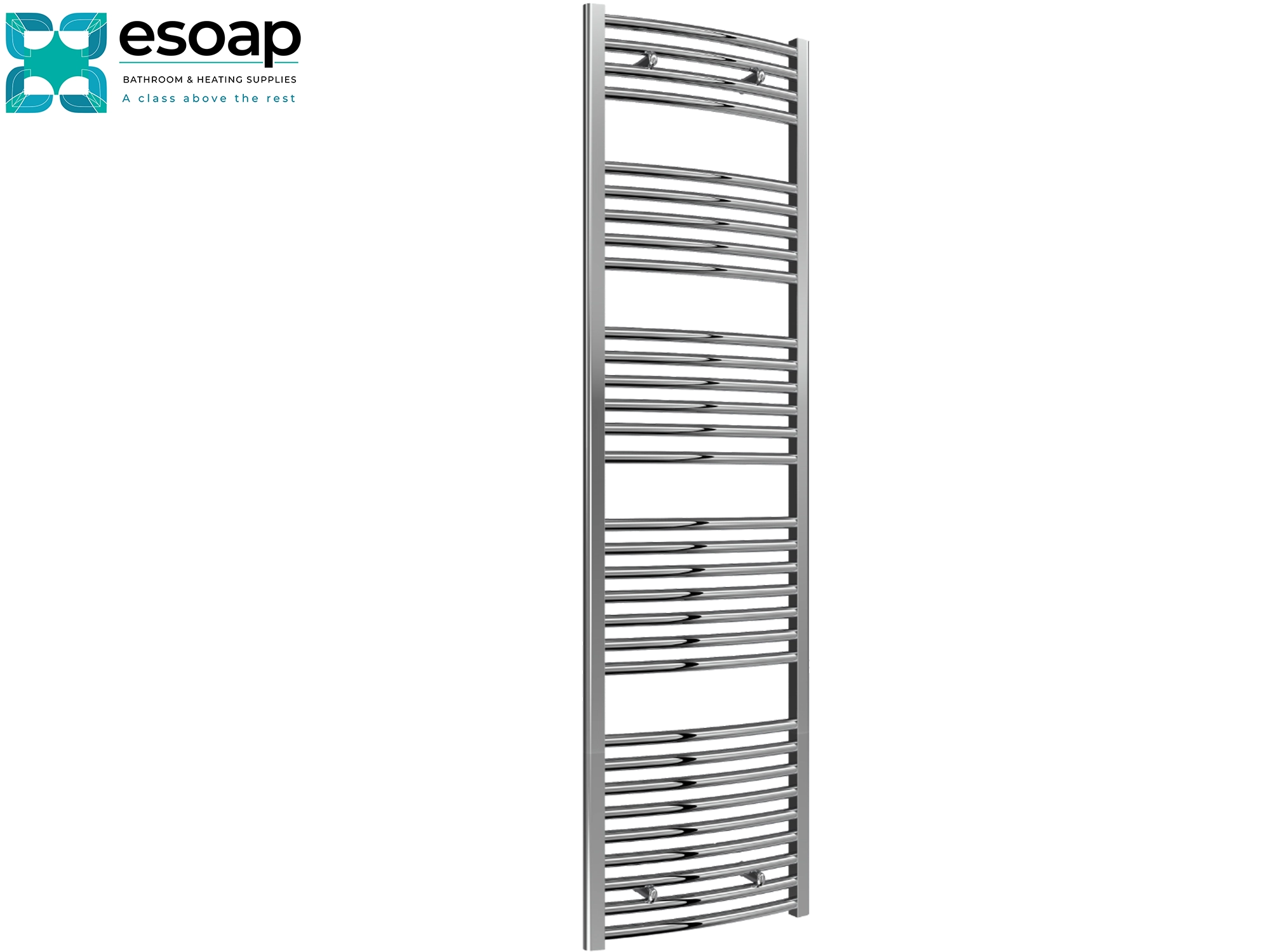 Chrome towel radiator 1800x500 on a white background with Esoap branding.