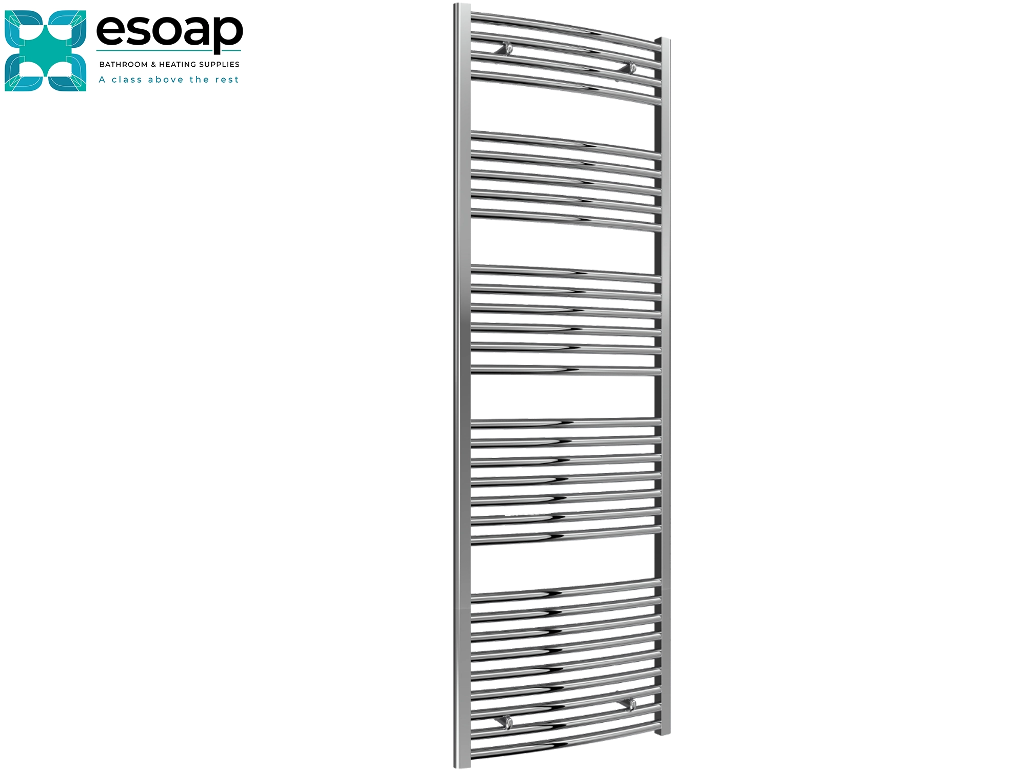 Chrome towel radiator 1800 x 600 on a white background with Esoap branding.