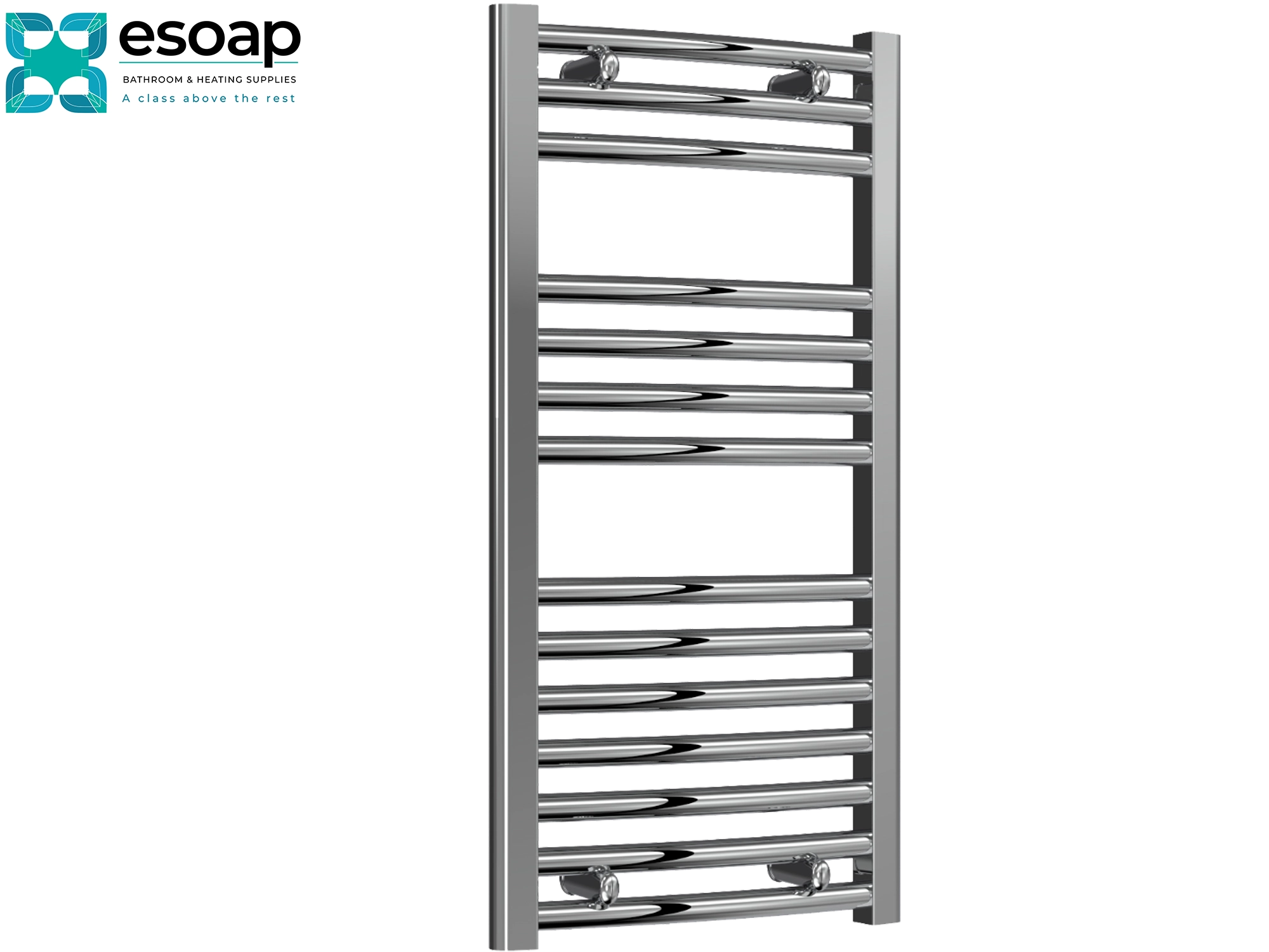Chrome Towel Radiator 800 x 400 on white background featuring esoap branding