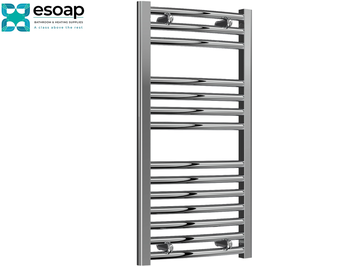 A polished chrome heated towel rail with horizontal bars, shown on a plain white background with the Esoap brand logo in the top-left corner Reina Diva Curved Electric 800x400 Chrome Towel Rail