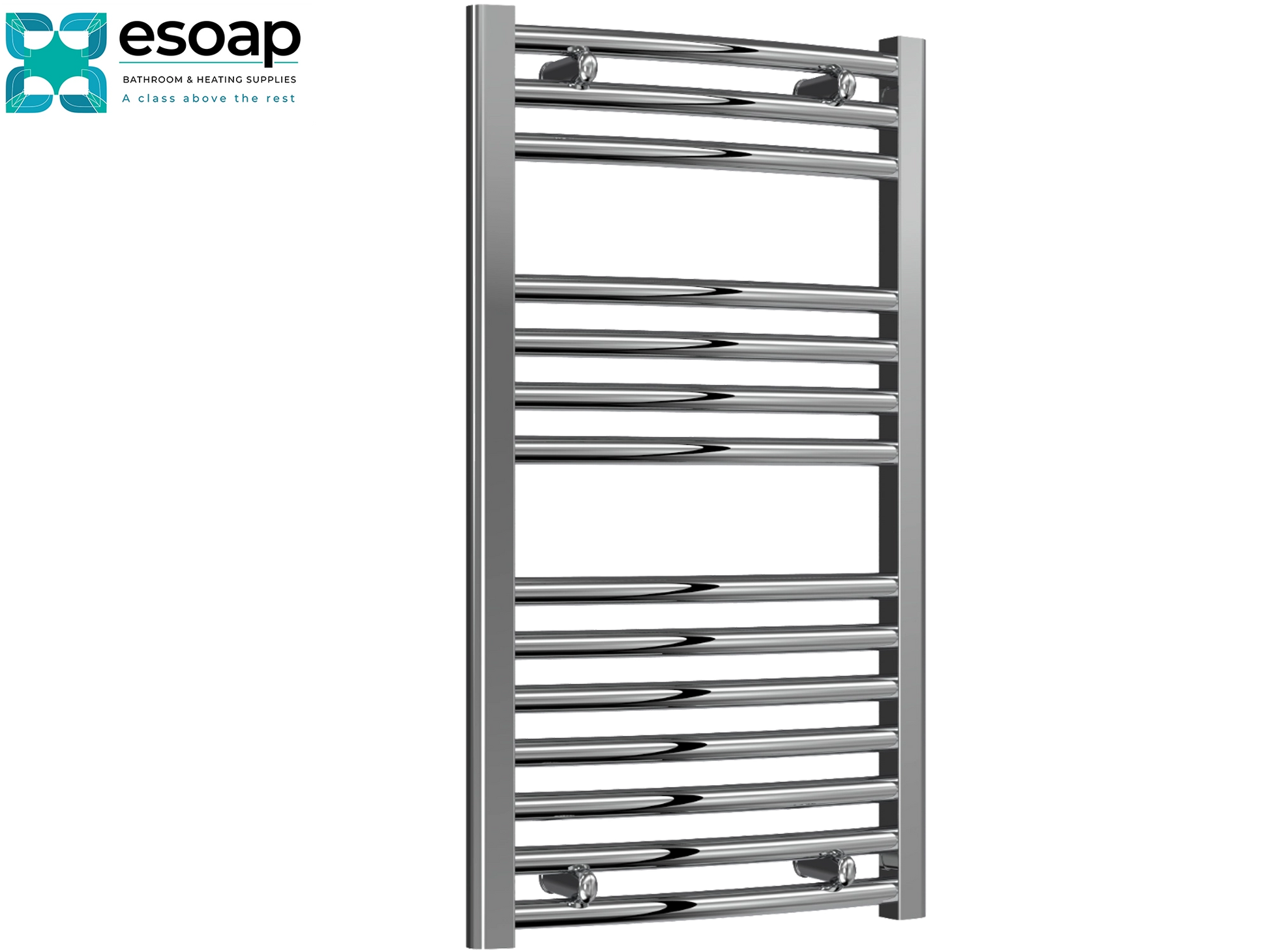 Chrome Towel Radiator 800 x 400 on white background featuring esoap branding