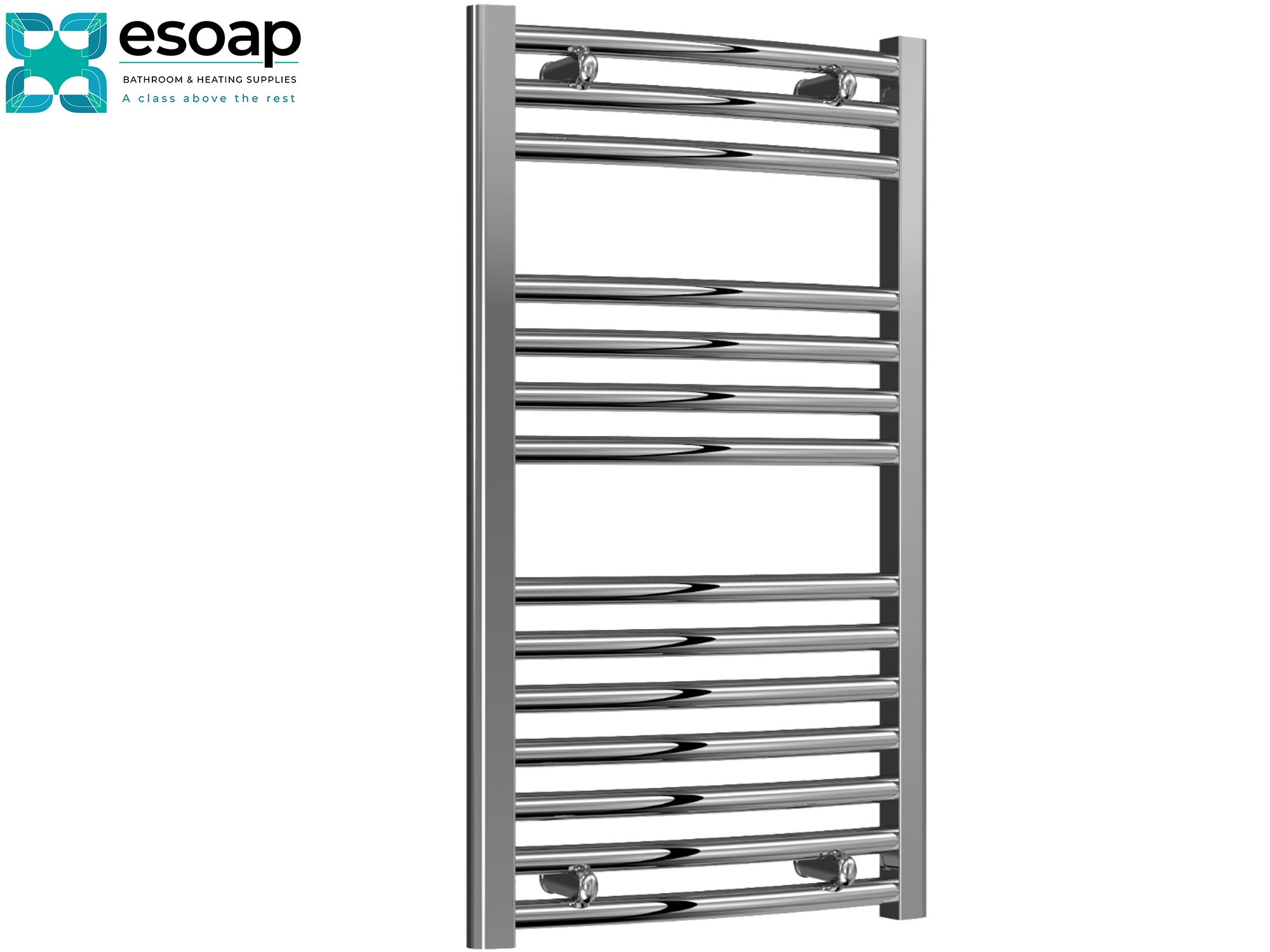Chrome Towel Radiator 800 x 400 on white background featuring esoap branding