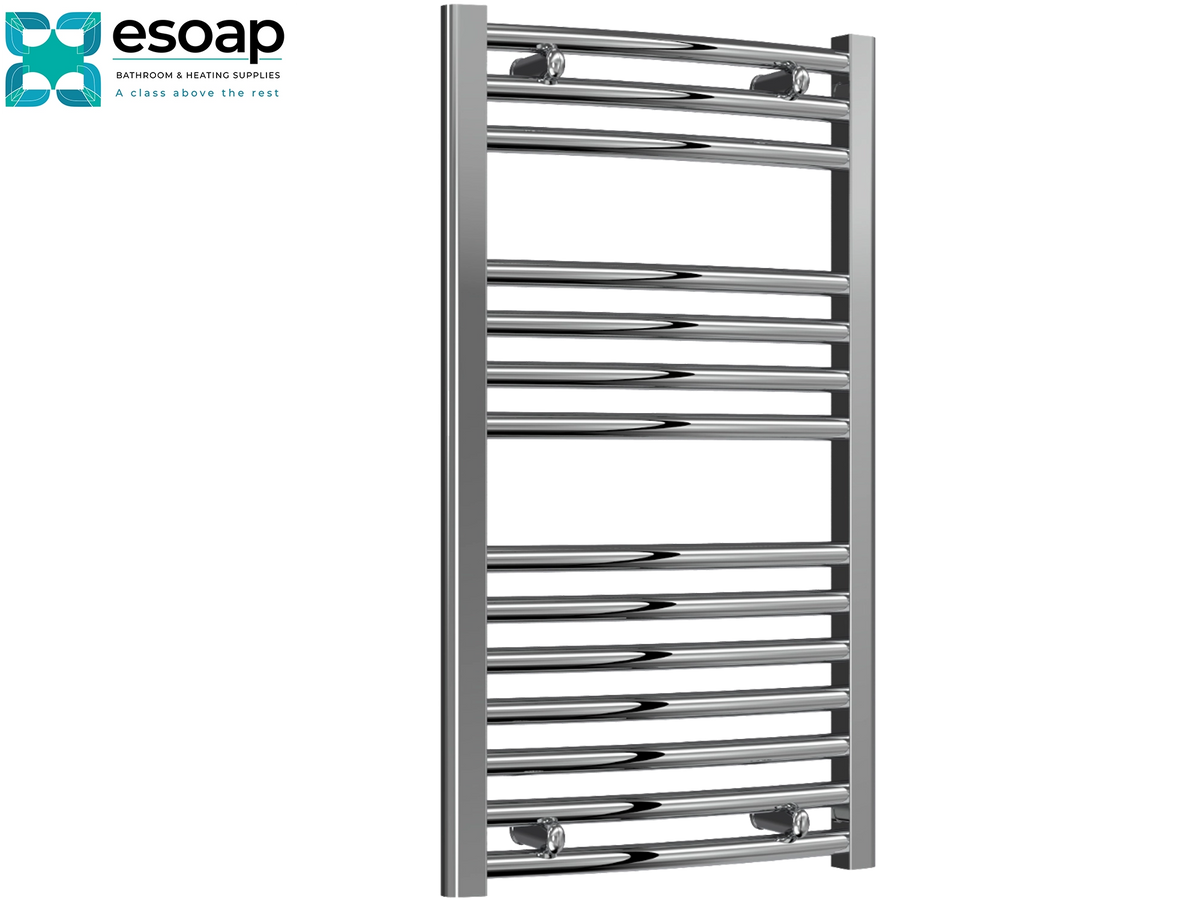 A polished chrome heated towel rail with horizontal bars, shown on a plain white background with the Esoap brand logo in the top-left corner Reina Diva Curved Electric 800x450 Chrome Towel Rail