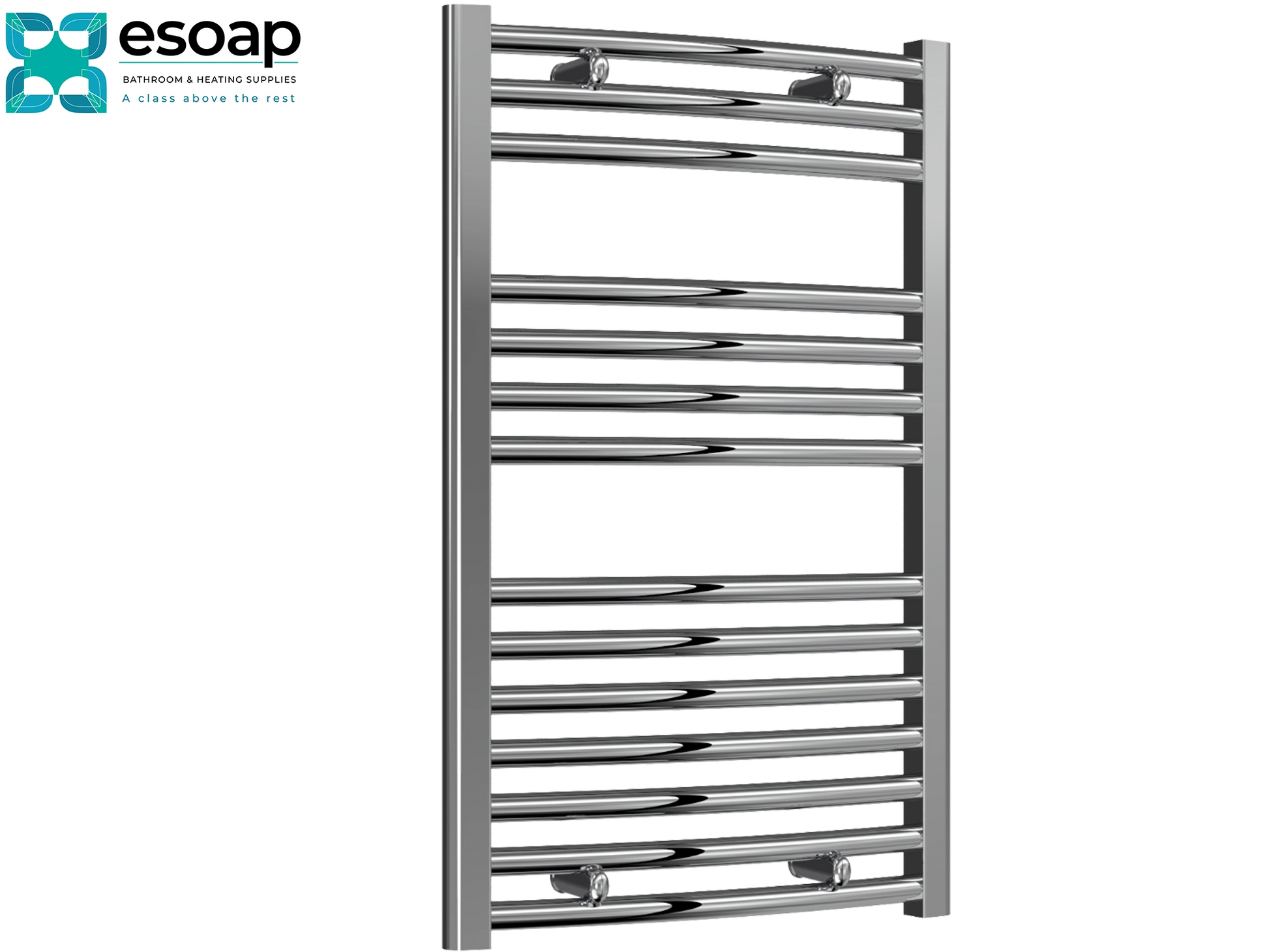 Chrome towel radiator 800 x 500 on white background featuring esoap branding