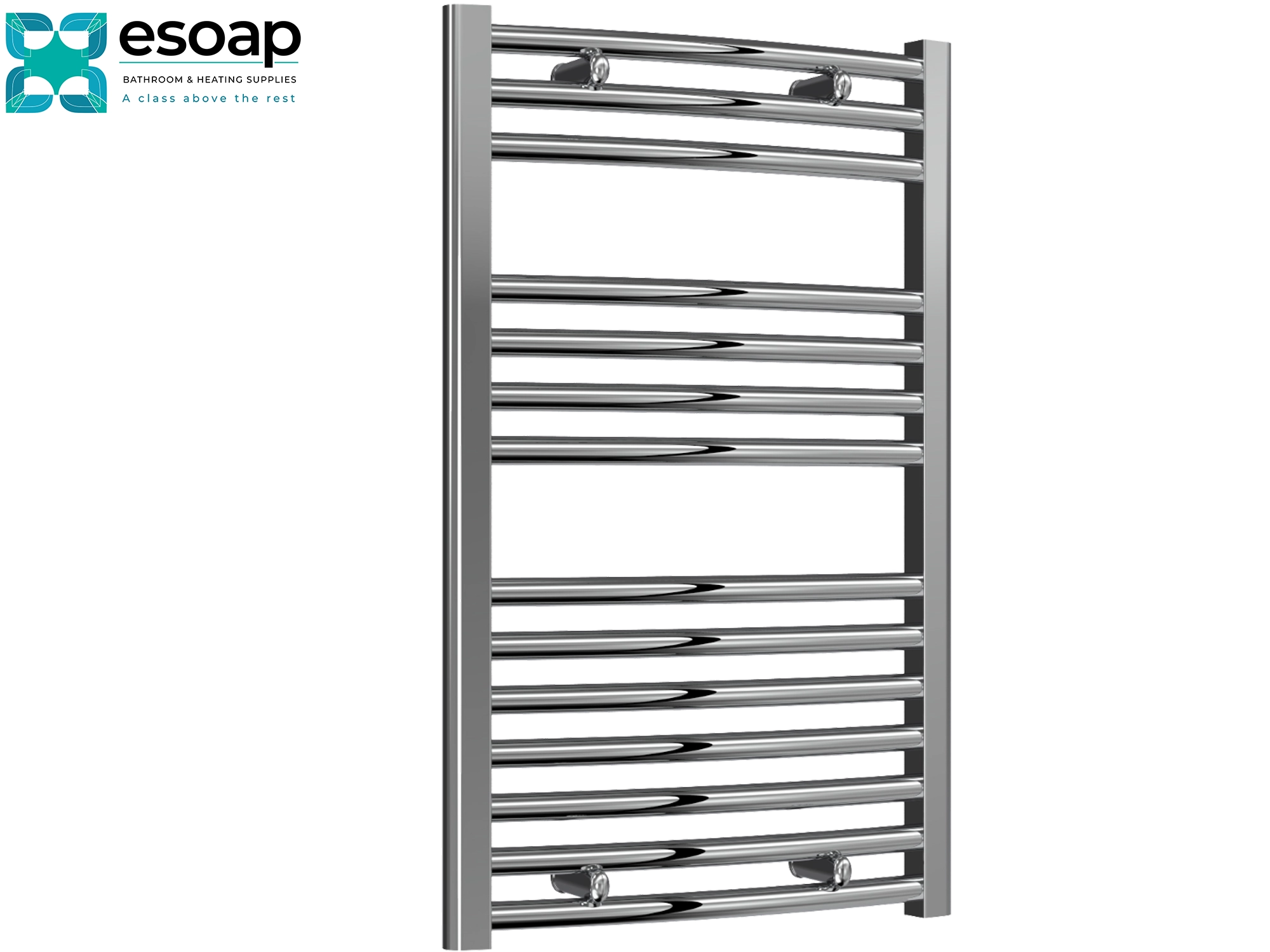 Chrome towel radiator 800 x 500 on white background featuring esoap branding