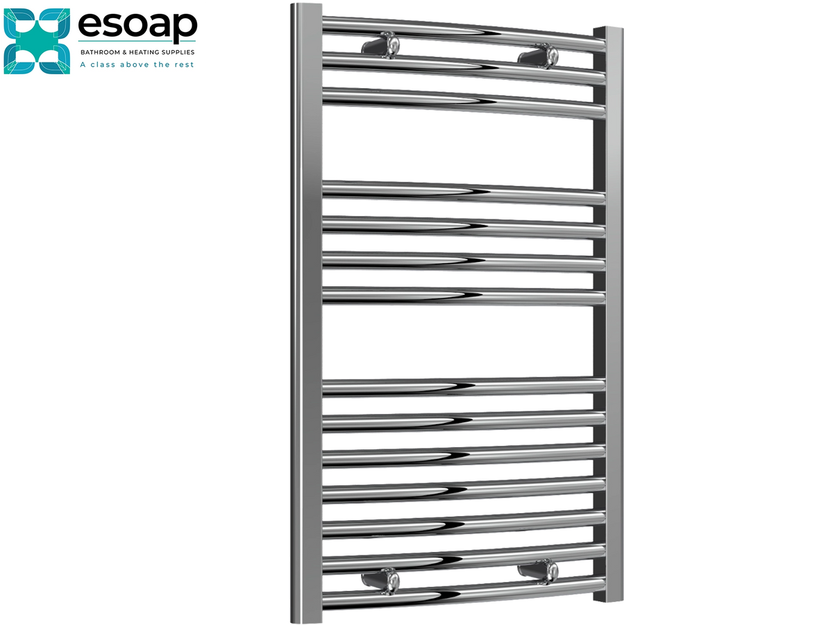 A polished chrome heated towel rail with horizontal bars, shown on a plain white background with the Esoap brand logo in the top-left corner Reina Diva Curved Electric 800x500 Chrome Towel Rail