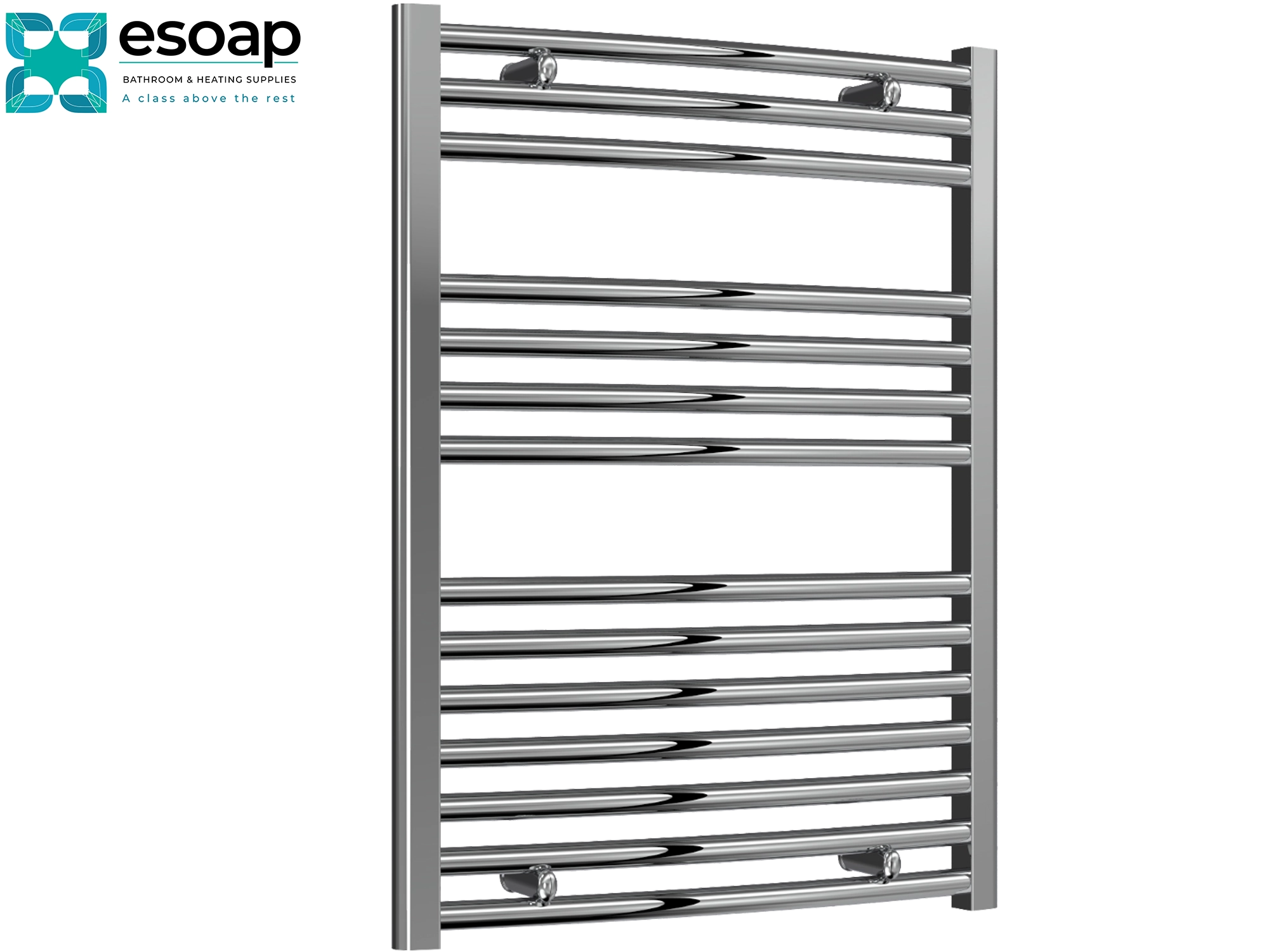 Chrome towel radiator 800 x 600 on white background featuring esoap branding