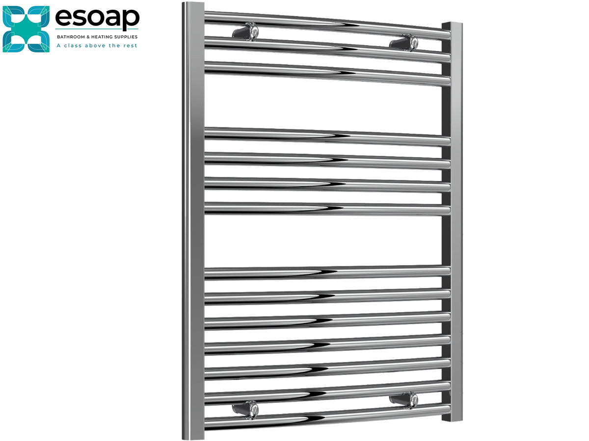 A polished chrome heated towel rail with horizontal bars, shown on a solid white background with the Esoap brand logo in the top-left corner Reina Diva Curved Electric 800x600 Chrome Towel Rail