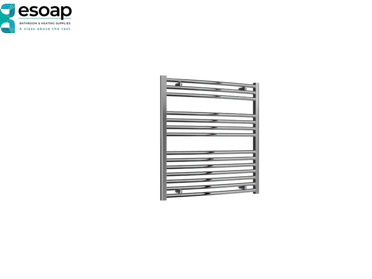 A stainless steel heated towel rail with horizontal bars, shown on a plain white background with the esoap brand logo in the top-left corner Reina Diva Curved Electric 800x750 Chrome Towel Rail