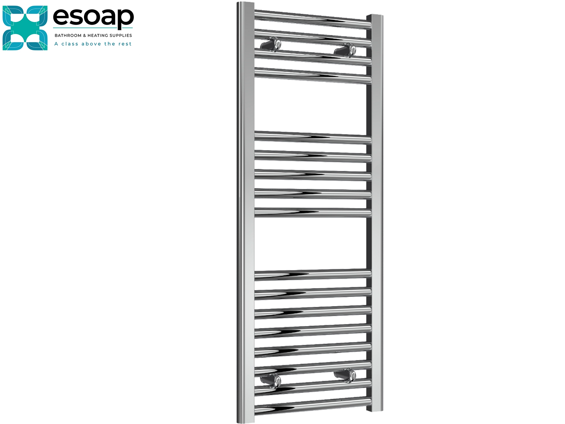Diva Flat 1000 x 400 Chrome towel radiator on a white background with 'esoap' branding.