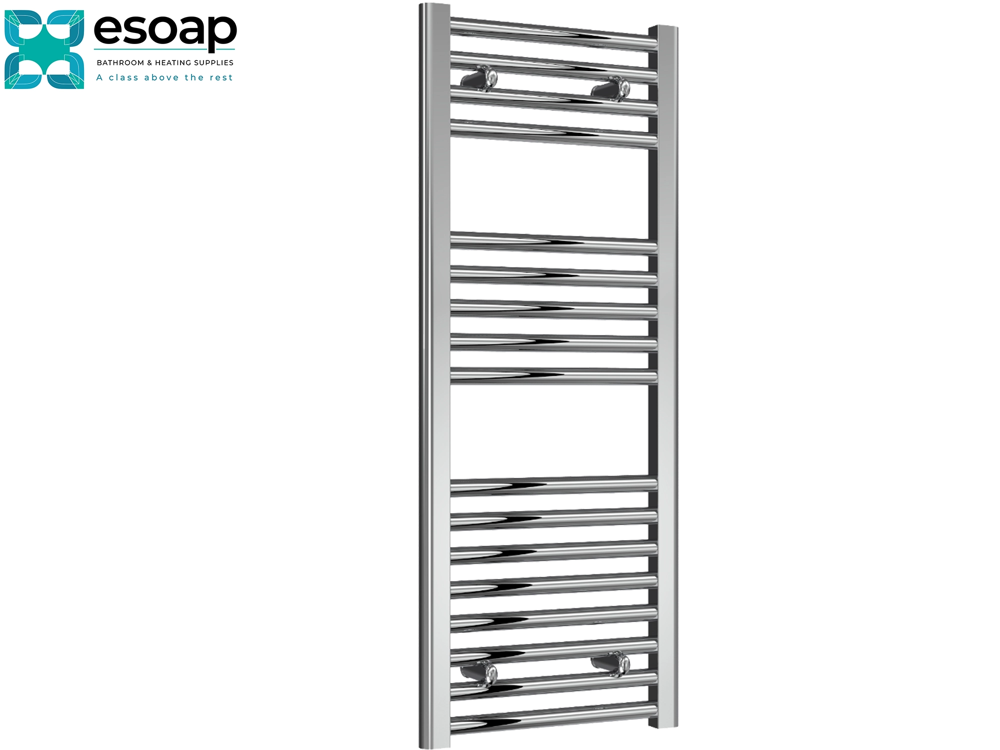 Diva Flat 1000 x 400 Chrome towel radiator on a white background with 'esoap' branding.