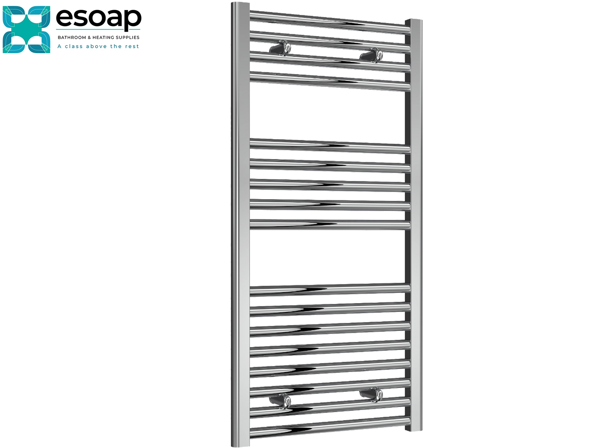  Diva Flat 1000 x 500 Chrome towel radiator on a white background with Esoap branding.