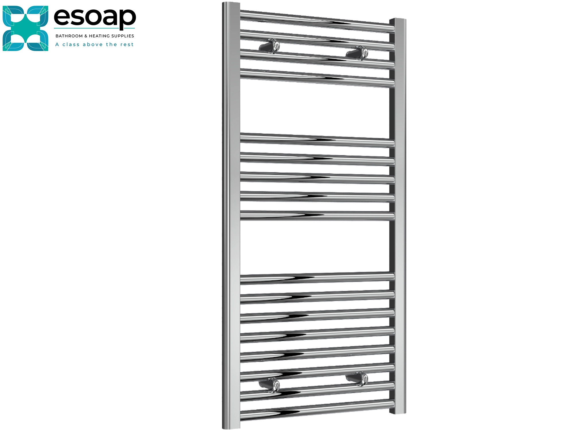  Diva Flat 1000 x 500 Chrome towel radiator on a white background with Esoap branding.