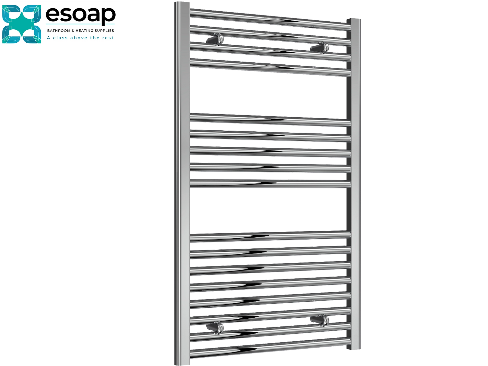 Diva Flat 1000 x 600 Chrome towel radiator on a white background with Esoap branding.